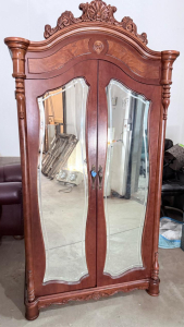 Ornate Wooden Armoire Wardrobe with Mirrored Doors & Carved Crest, 81"H x 48"W x 22"D