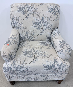 Floral Upholstered Armchair, Cream/Blue Pattern, Wood Bun Feet, 37" Wide