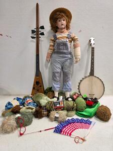Mixed Lot: Vintage 30" Porcelain Doll, Folk Dulcimer, Banjo, 20+ Yarn Skeins, Accessories