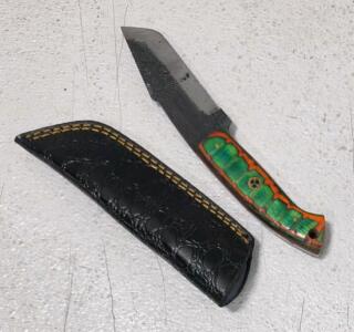 Custom Fixed Blade Knife 4" Carbon Steel, Green/Orange Laminated Handle, Leather Sheath