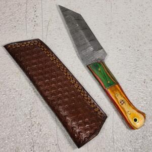 Damascus Tanto Fixed Blade Knife, 4" with Multicolor Laminated Wood Handle & Leather Sheath