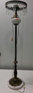 Vintage Crystal Prism Floor Lamp with Marble Base & Brass Filigree Shade (Tested, No Bulb Included), 62&rdquo; Tall, Milk Glass Font