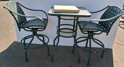 Green Metal Patio Bar Set: Glass Table & 2 Swivel Bar Stools with Cushion