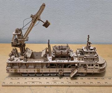 UGEARS Research Vessel Wooden Mechanical Model Ship Kit with Functional Crane and Moving Parts