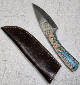 Custom Damascus Steel Fixed-Blade Knife with Blue Wood Handle and Leather Sheath