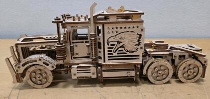 Wood Trick Big Rig Wooden Mechanical Model Semi-Truck with Rubber Band Motor and Engraved Eagle Design