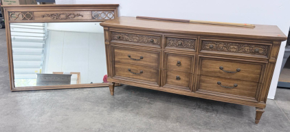 Vintage 1970s-1980s Ornate 9-Drawer Dresser with Matching Mirror, French Provincial Style