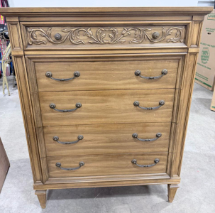Vintage 5-Drawer Wooden Dresser with Ornate Carved Detailing, Metal Pulls, 36" x 18" x 48"