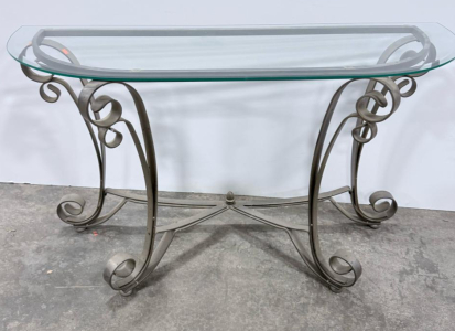 Glass-Top Semi-Circular Console Table with Ornate Metal Scrollwork Frame, 48"x16"x30"