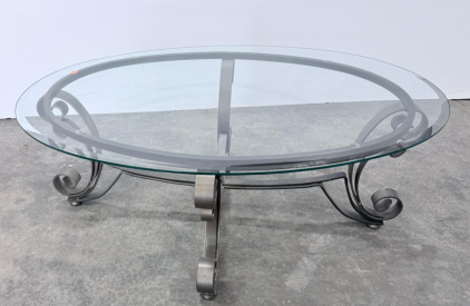 Oval Glass Top Coffee Table &ndash; 48"x32" Black Wrought Iron Frame, Scroll Leg Design