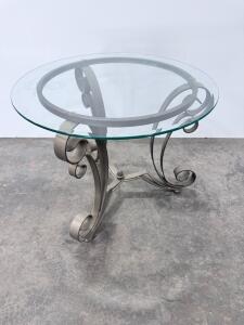 Round Glass Top Side Table with Ornate Metal Scroll Base, 24in Diameter