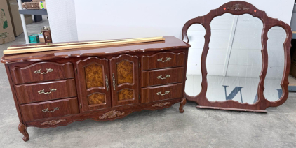 French Provincial Style Dresser and Mirror Set, 6 Drawers, Ornate Carvings, Vintage Look