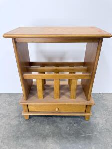 Solid Oak Magazine Rack End Table with Drawer, 22"x12"x23", Classic Oak Finish