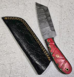 Custom Damascus Steel Fixed-Blade Knife with Red Stabilized Wood Handle and Leather Sheath