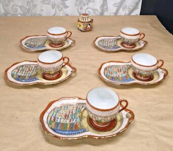 (5) Vintage Japanese Thousand Faces Porcelain Teacup & Snack Plate Sets & (1) Vintage Japanese Porcelain Incense Burner