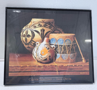 Framed Chuck Sabatino "Taos Drum" Art Print &ndash; Native American Pottery & Drum, 24"x18" Estimate