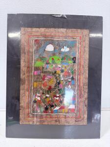 Mexican Folk Art Amate Bark Paper Painting, Rural Village Scene, 16"x20", Hand Painted