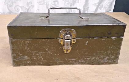 (1) Vintage Metal Tackle Box W/ Assorted Fishing Tackle