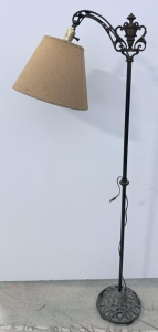 Antique Cast Iron Floor Lamp with Ornate Design and Fabric Shade