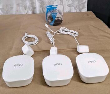 (3) Eero 6 Dual-Band J010001 Mesh Wi-Fi System Wireless Routers, White W/ AC Adapters & (1) 25-Foot Twisted Audio Cable