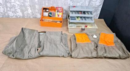 (2) Plastic Tackle Boxes W/ Assorted Fishing Tackle & (2) Hunting Vests