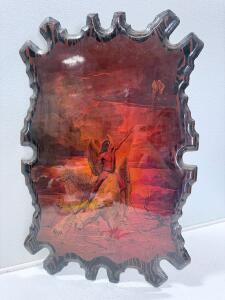 Fantasy Wall Plaque with Angelic Figure on Winged Horse, Ornate Gear-Shaped Edge, Signed Artwork