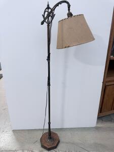 Antique Gothic Revival Floor Lamp, Ornate Metal & Wood, 1940s, 60-66&rdquo; Tall, Original Shade