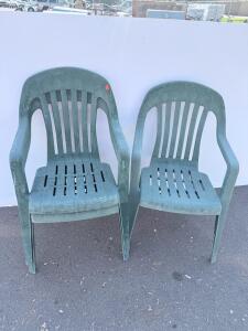 Green Plastic Outdoor Stacking Armchairs, Set of 2, Weathered Condition