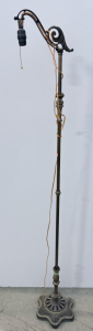 Vintage Art Deco Bridge Floor Lamp with Ornate Scrolled Arm and Patinated Bronze Finish