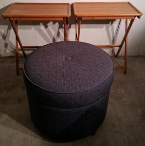 Folding Wooden Tray Tables (2) & 24" Round Upholstered Rolling Ottoman, Diamond Pattern
