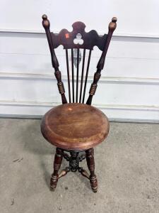 Antique Wooden Piano/Organ Stool with Backrest &ndash; Victorian Style, Swivel Seat, Turned Legs