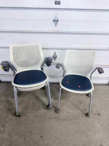 (5)KFI Seating Kool Stack Chair with Casters, Sky Blue Seat, White Perforated Back, Silver Frame