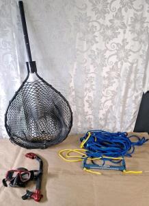 (1) Large Rubber Fishing Net, (1) Waterski Rope & (1) Snorkel & Goggle Set