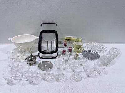 Assorted KitchenAid Dish Rack, Glass Teacup Set, Teapot, Colander, Plates, Rev-A-Shelf Lot