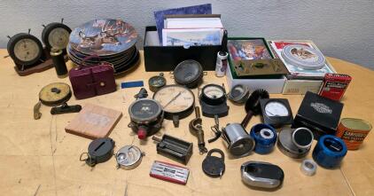 Mixed Vintage Gauges, Champion Tools, Nature Collectible Plates, Tins, Harley Box