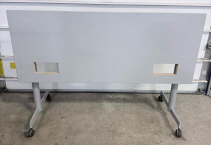 Flip-Top Training Table, 60"x24", Silver Frame, Laminate Top, Casters, Cable Cutouts