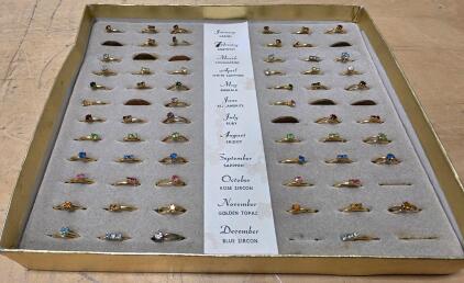 Vintage Birthstone Ring Display Set &ndash; Assorted Gold-Tone Rings with Flocked Tray, 1960s&ndash;80s