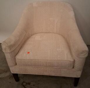 White Patterned Upholstered Armchair with Curved Arms, Removable Cushion, Wooden Legs and Lamp Shade