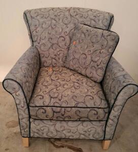 Blue Upholstered Armchair with Light Wood Legs and Removable Cushion
