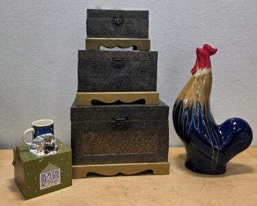 Boyds Bears Mug & Figurine, 3 Vintage Metal-Clad Locking Boxes, Large Glazed Ceramic Rooster