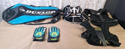 (1l Dunlop Sport Gear Bag, (1) Pair Of Olympus Golie Gloves, Large & (3) Assorted Youth Size Chest Protectors