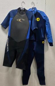 (1)O'Neill Women's Size L Shorty Wetsuit, (1) Sleeveless Bodyglove Jane Full Wetsuit XL (1) Bodyglove Neoprene Jacket (L), Blue