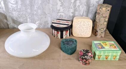 (1) Large Glass Lamp Shade & (6) Assorted Decorative Boxes