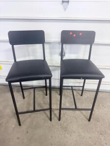 Pair Modern Black Metal Counter Stools w/ Wood Backrest & Faux Leather Seats, Footrest, 24-26" Seat Height