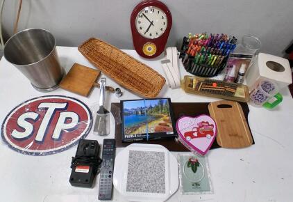Mixed Household & Office Lot &ndash; Wall Clock, Sony Remote, STP Sign, Crafts, Marker Set, Bin