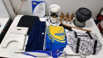 Mixed Lot: Rock Tumbler, Adidas Athletic Pants, Warriors Blanket, Bags, Duffel, Step Stool