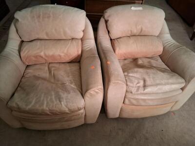 Oversized Pair of Beige Microfiber Armchairs, Plush Cushioned Seats, Heavy Wear, Matching Set