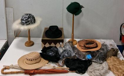 Lot of Vintage Ladies Hats, Parasols & Wigs &ndash; 1940s-70s Straw, Felt, Marabou, Bamboo Handles