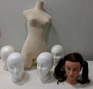 Cosmetology Practice Head, 4 Styrofoam Heads, Cloth-Covered Female Torso Mannequin