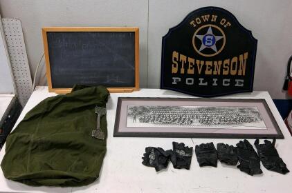 Town of Stevenson Police Sign, Vintage Framed Group Photo, Gloves, Duffle, Chalkboard Lot